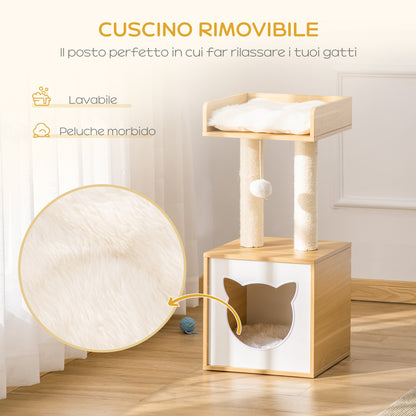 Casetta per Gatti con Pali Tiragraffi in Sisal, Cuscini Lavabili e Pallina, 35x35x81cm, Quercia