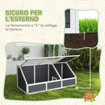 Casetta per Tartarughe di Terra senza Fondo, in Legno di Abete e Acciaio Zincato, 120x55x50A cm, Grigio e Bianco