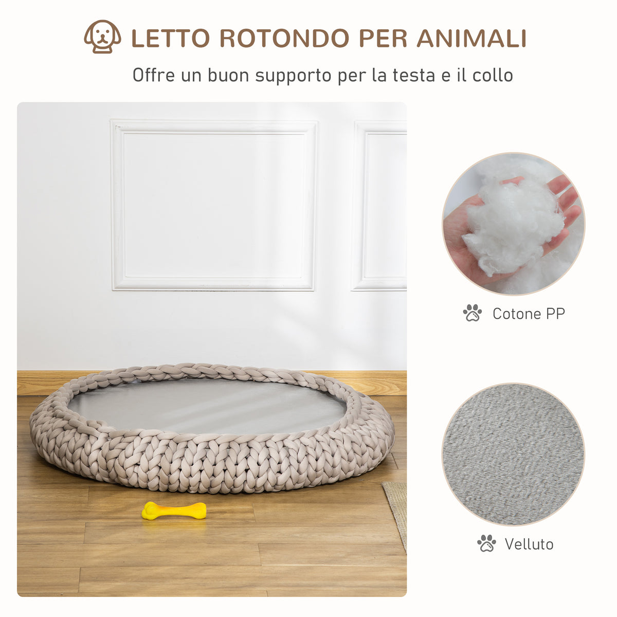 Cuccia per Cani e Gatti Rotonda, Rialzata e Lavabile in Cotone PP, Cuscino Imbottito, ?93x15cm, Grigia