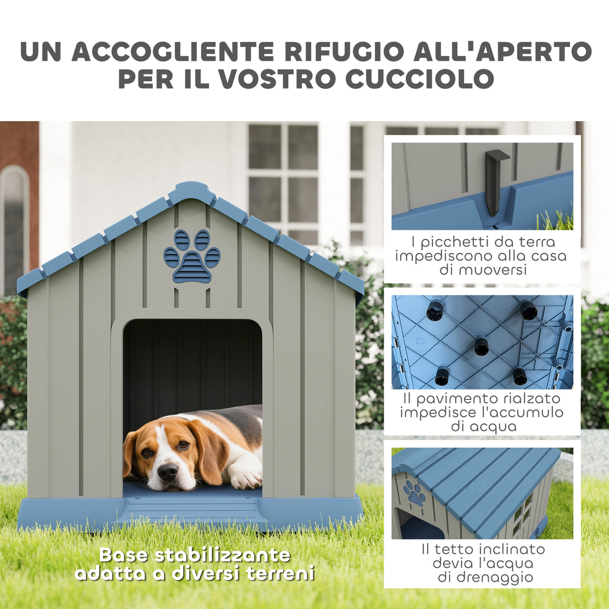 Casetta per Cani Taglia Media da Esterno Impermeabile con Base Rialzata e Finestre, 85x79x82 cm, Grigio