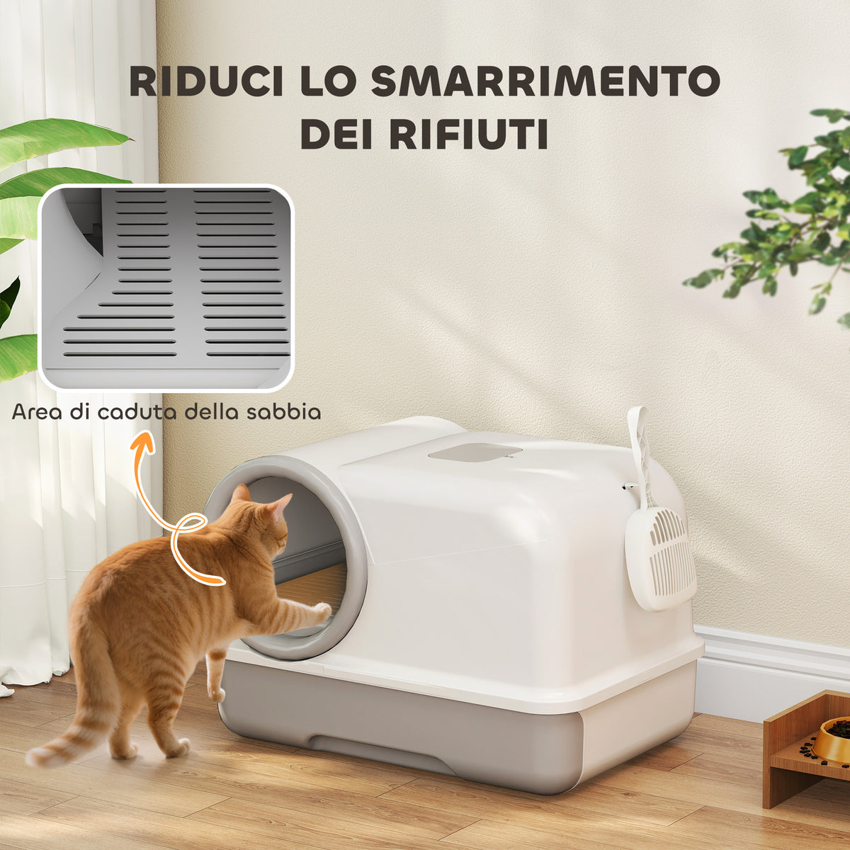 Lettiera per Gatti Chiusa con Vassoio, Paletta e Sacchetti Deodoranti, in PP, 59x39.5x39.5 cm, Bianco e Grigio