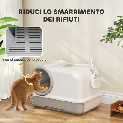 Lettiera per Gatti Chiusa con Vassoio, Paletta e Sacchetti Deodoranti, in PP, 59x39.5x39.5 cm, Bianco e Grigio