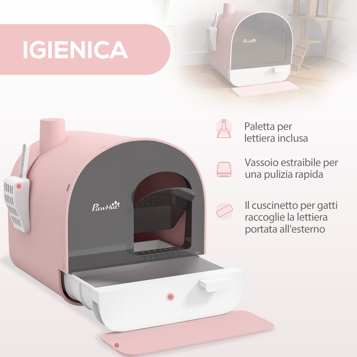 Lettiera per Gatti Chiusa con Filtri, Paletta e Vassoio, Struttura in PP, 43x44x47cm, Rosa