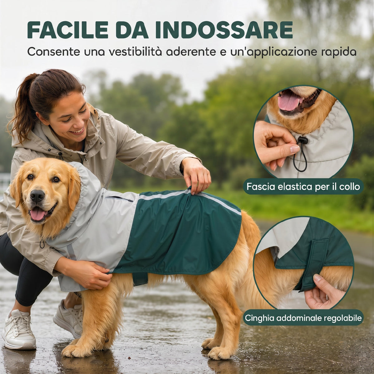 Impermeabile per Cani con Cappuccio, Foro per Guinzaglio e Strisce Riflettenti, per Cani di Taglia Grande, Verde