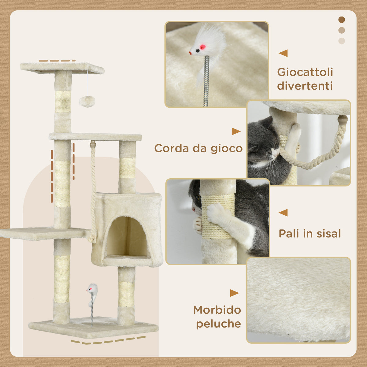 Albero Tiragraffi per Gatti con Cassetta, Pallina, Corda per Gioco e Relax, 40x40x116 cm, Beige
