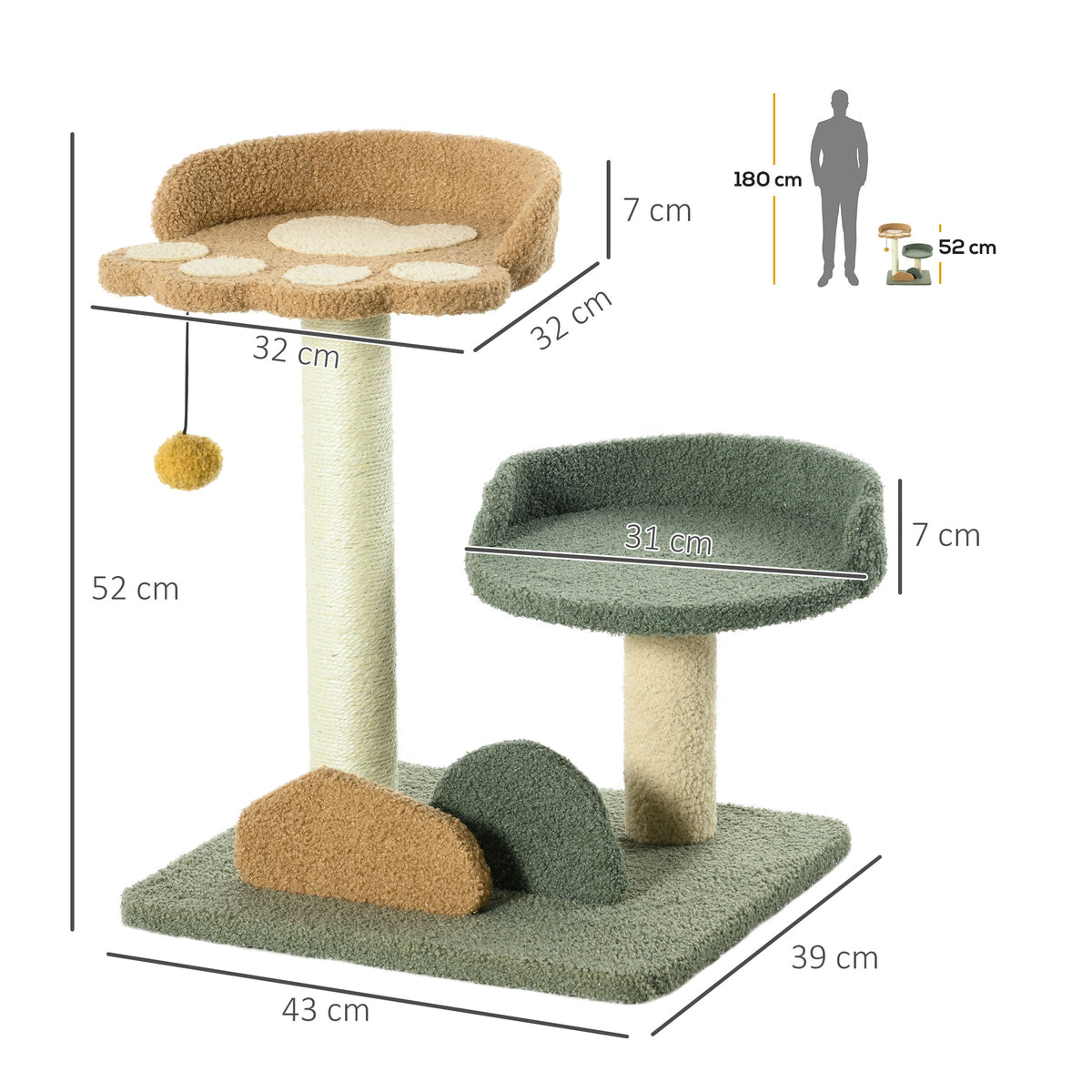 Albero Tiragraffi per Gatti con 2 Lettini, Pallina e Rivestimento in Velluto, 43x39x52cm
