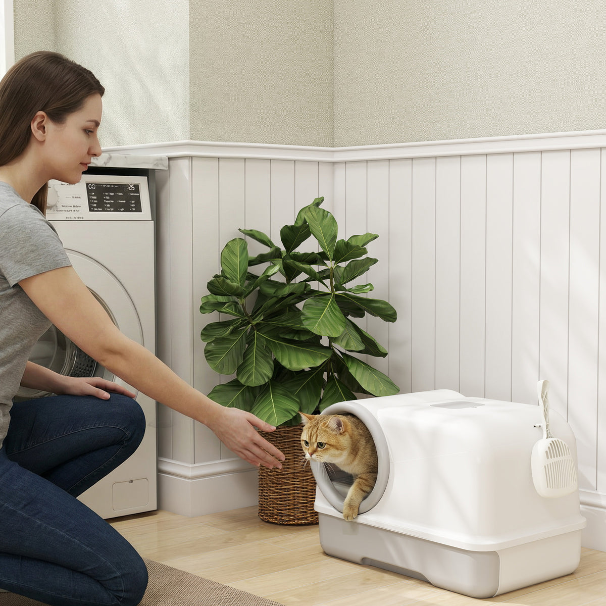 Lettiera per Gatti Chiusa con Vassoio, Paletta e Sacchetti Deodoranti, in PP, 59x39.5x39.5 cm, Bianco e Grigio