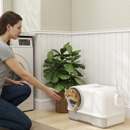 Lettiera per Gatti Chiusa con Vassoio, Paletta e Sacchetti Deodoranti, in PP, 59x39.5x39.5 cm, Bianco e Grigio