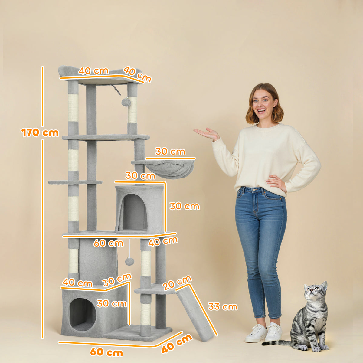 Albero Tiragraffi per Gatti con 2 Casette, Amaca, Tunnel, e Lettino, Pali in Sisal, 60x40x170 cm, Grigio