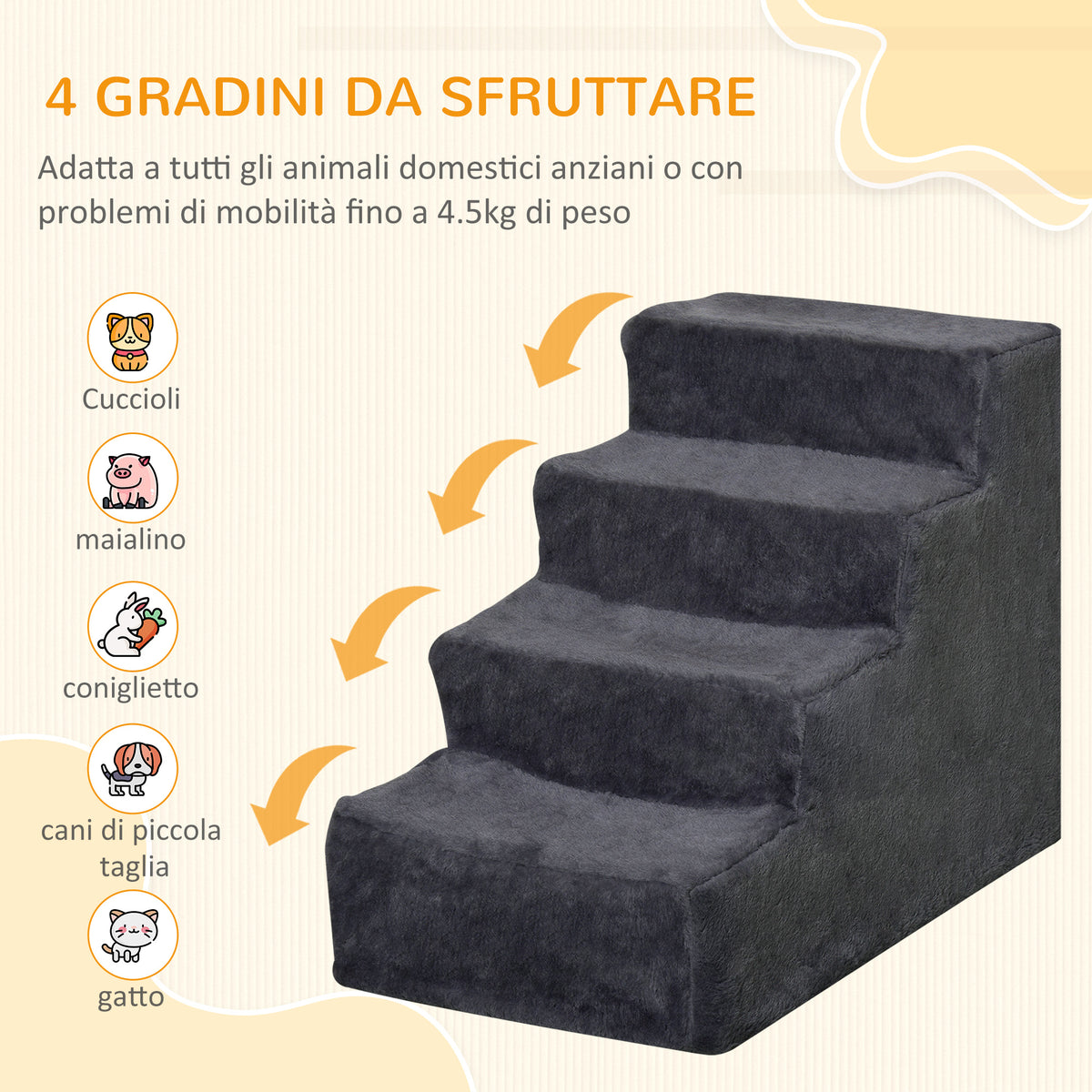 Scaletta per Cani Portatile a 4 Gradini, in Tessuto Vellutato Sfoderabile e Legno, 60x35x44 cm, Grigio Scuro