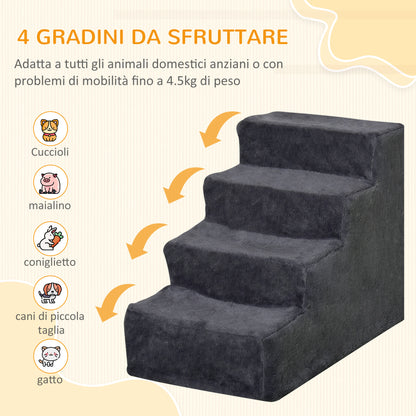 Scaletta per Cani Portatile a 4 Gradini, in Tessuto Vellutato Sfoderabile e Legno, 60x35x44 cm, Grigio Scuro
