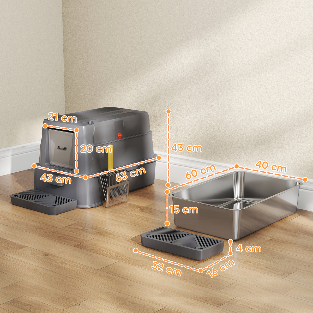 Lettiera per Gatti Chiusa da 80L con Vassoio Estraibile, in ABS e Acciaio Inox, 63x43x43 cm, Grigio Scuro