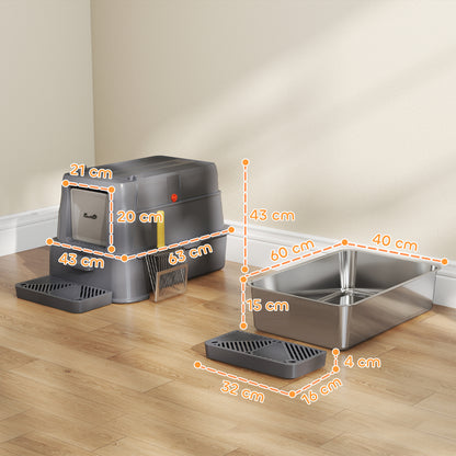 Lettiera per Gatti Chiusa da 80L con Vassoio Estraibile, in ABS e Acciaio Inox, 63x43x43 cm, Grigio Scuro