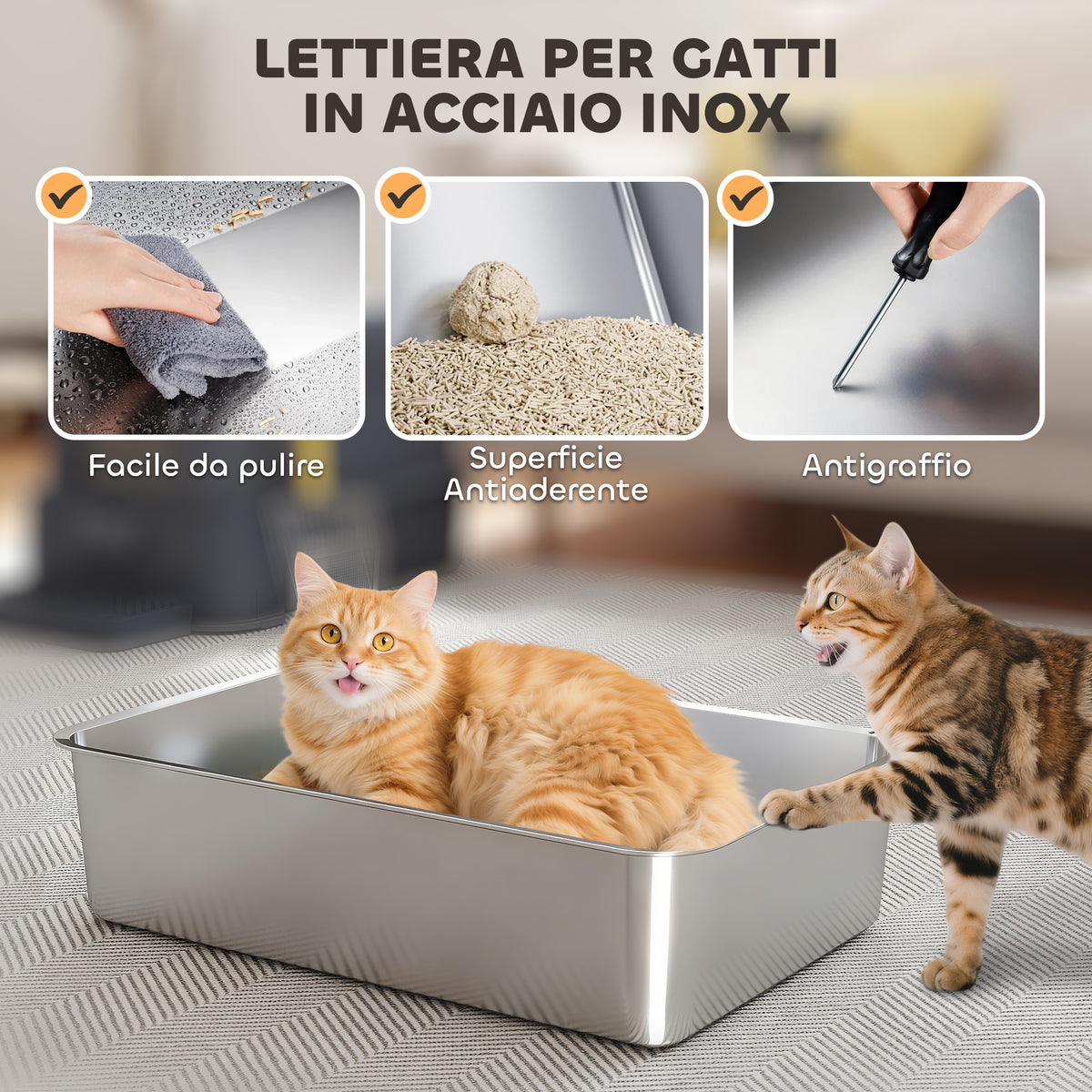Lettiera per Gatti Chiusa da 80L con Vassoio Estraibile, in ABS e Acciaio Inox, 63x43x43 cm, Grigio Scuro