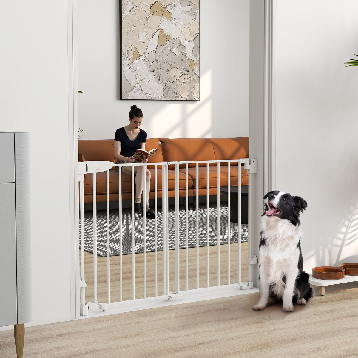 Cancelletto di Sicurezza per Cani, 74.5-111.5x74.5 cm, Scale, Chiusura Automatica, Apertura con Una Mano, Bianco