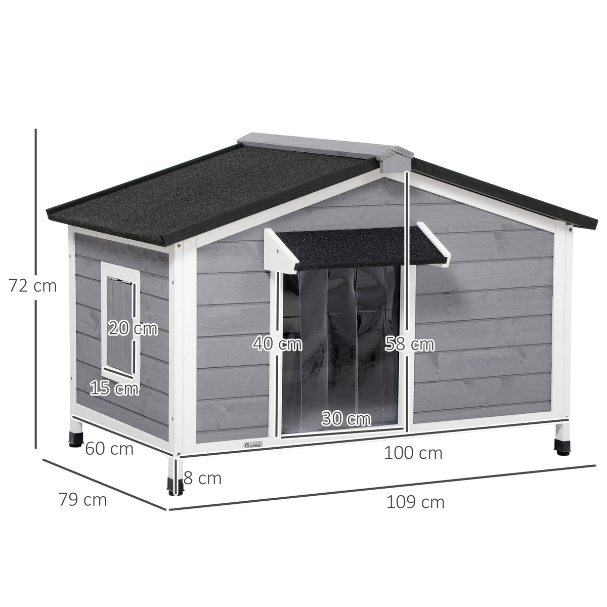 Casetta per Cani in Legno con Design Rialzato, Tenda Protettiva e 2 Finestre, 109x79x72 cm