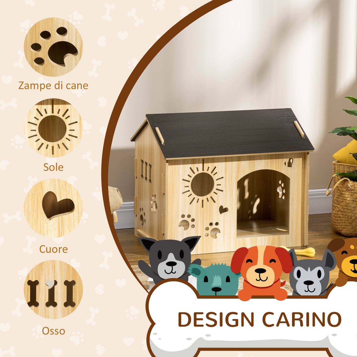 Cuccia per Cani da Interno con Struttura in Legno e Aperture a Forma di Zampa, Cuore e Ossa, Rovere
