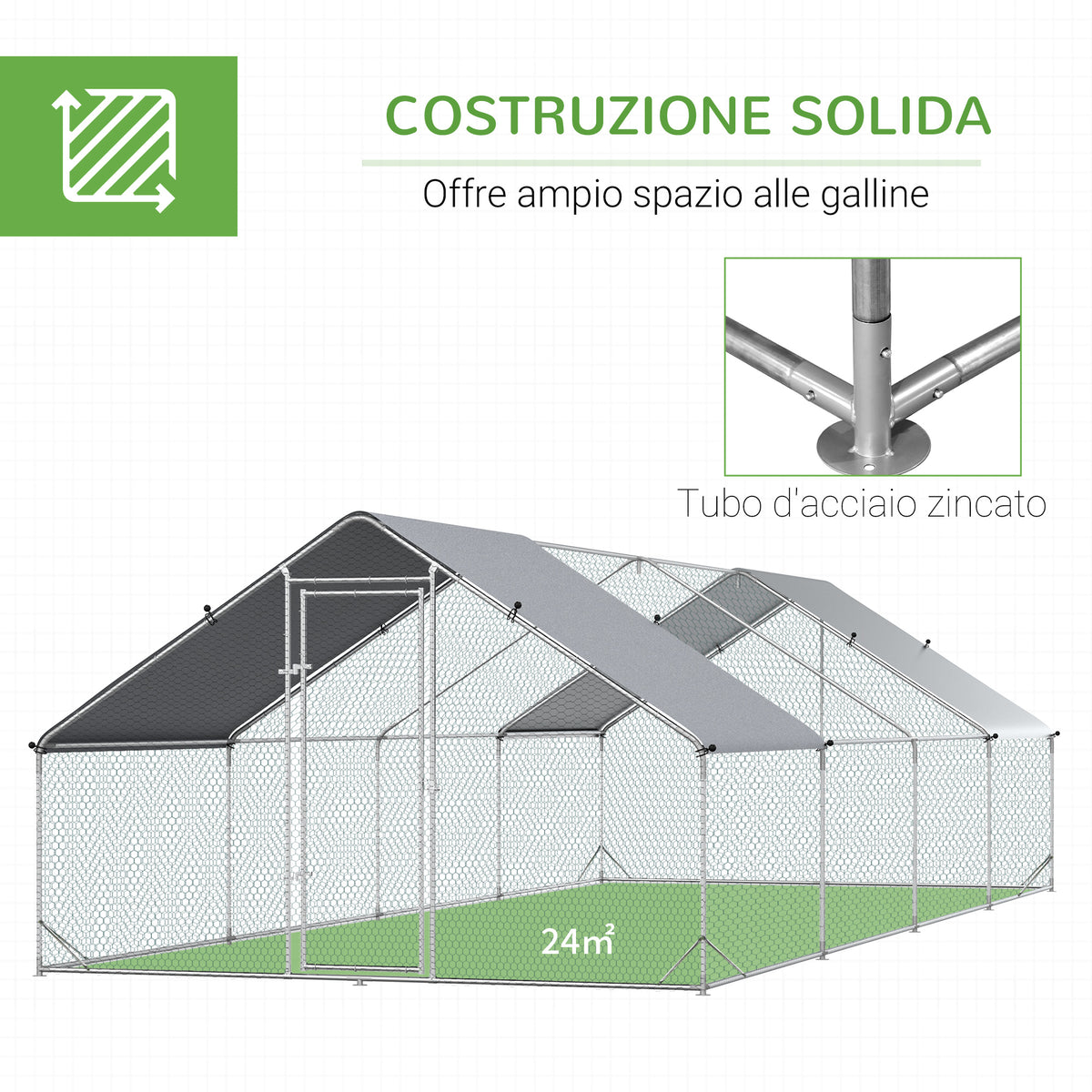 Pollaio da Giardino con Telaio Zincato, Copertura Impermeabile e Rete Esagonale, 3x8x2 m, Argento