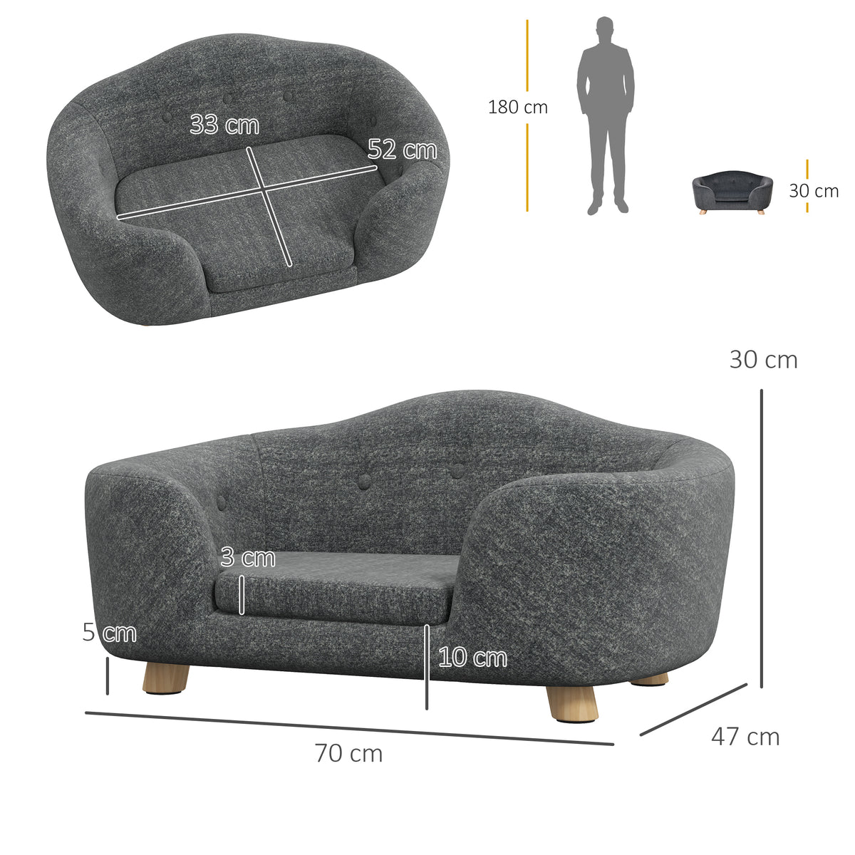 Cuccia per Cani di Taglia Piccola (Max 10kg) con Cuscino, 70x47x30cm - Grigio Antracite