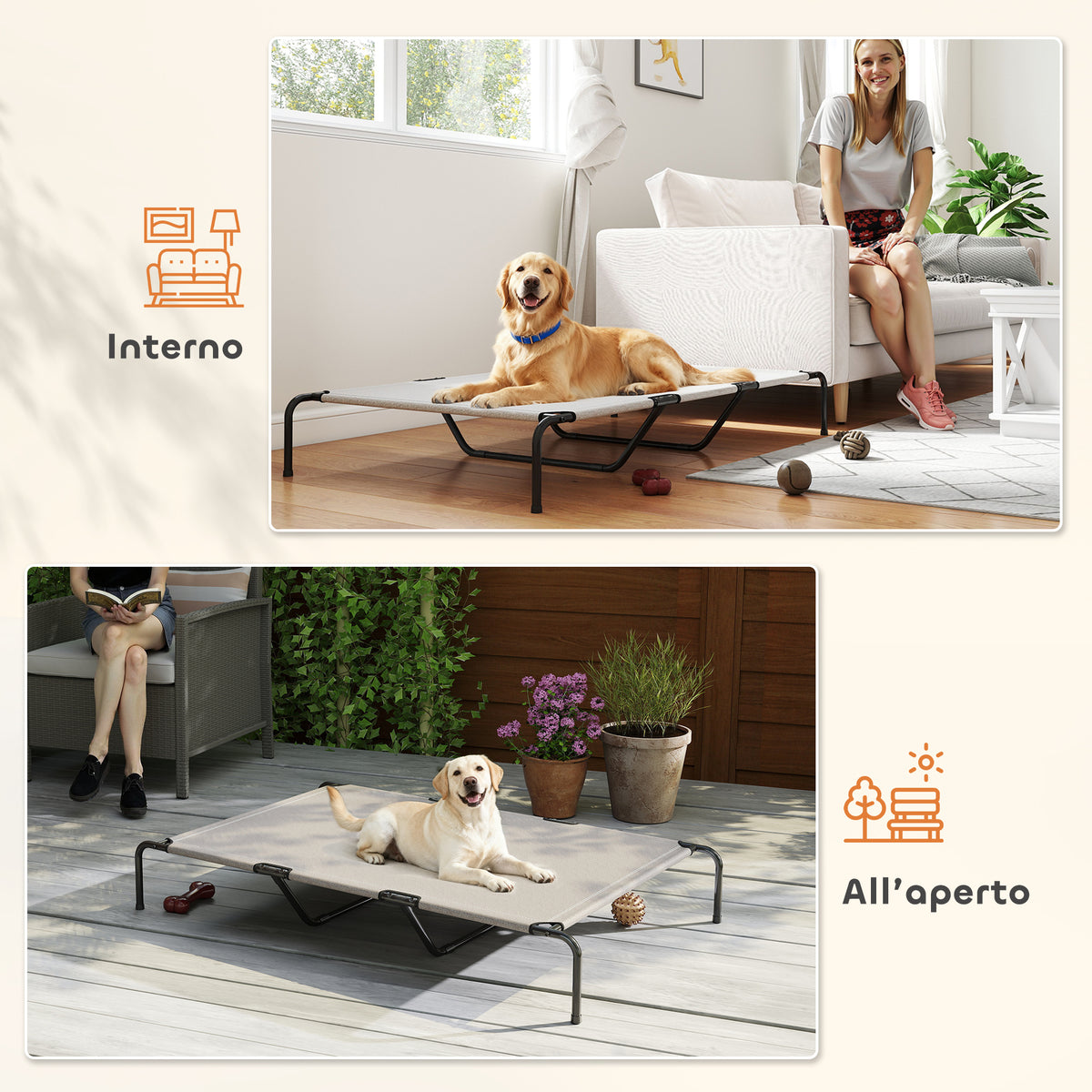 Lettino per Cani Grandi Rialzato da Esterno in Acciaio e Rete Traspirante, 152x94x23 cm, Beige