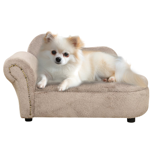 Divano per Cani Rialzato con Spazio Portaoggetti a Scomparsa, in Legno e Tessuto Vellutato, 80x40x46 cm, Beige