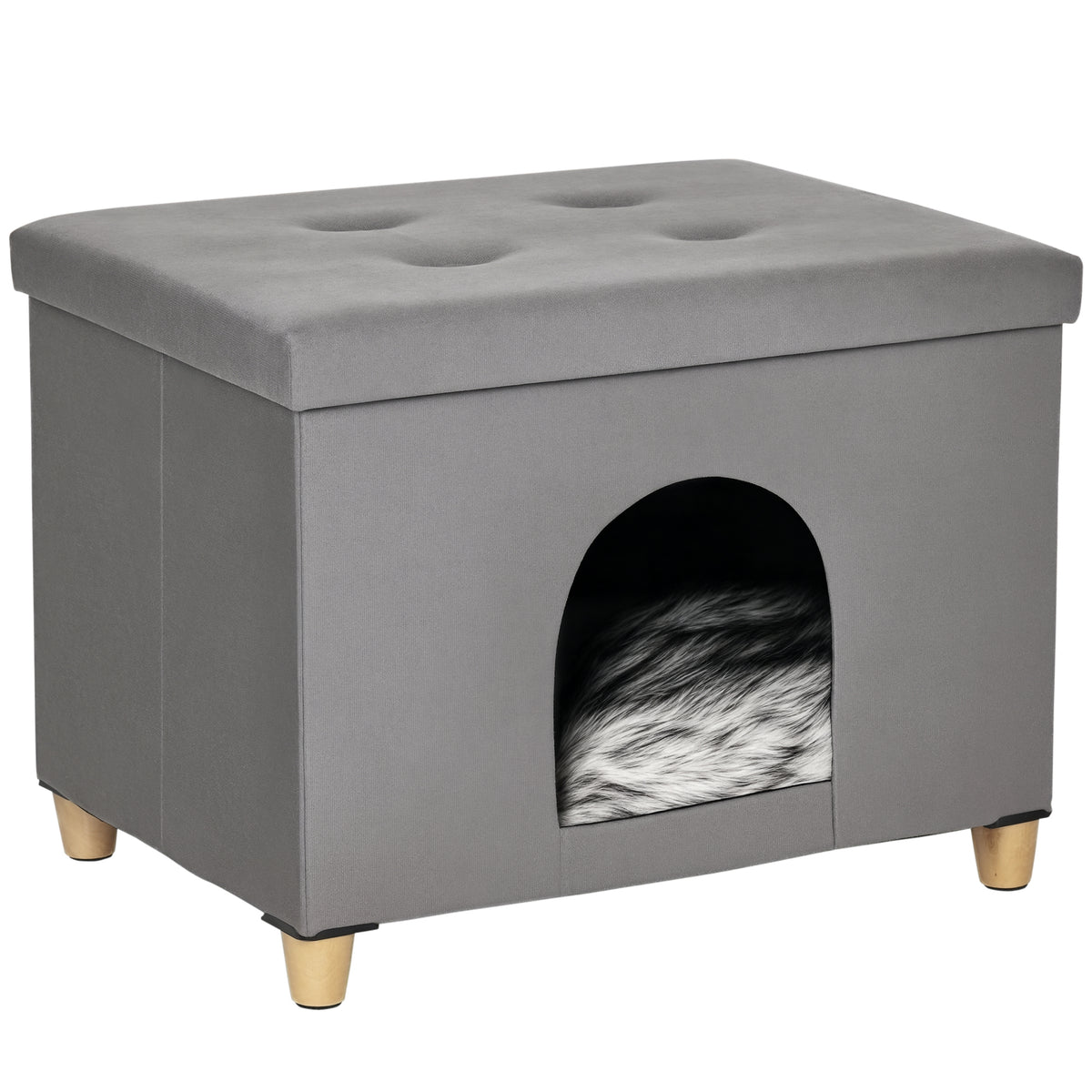 Casetta per Gatti Pouf Poggiapiedi Imbottito con Cuscino Rimovibile e Lavabile, Grigio