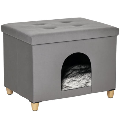 Casetta per Gatti Pouf Poggiapiedi Imbottito con Cuscino Rimovibile e Lavabile, Grigio
