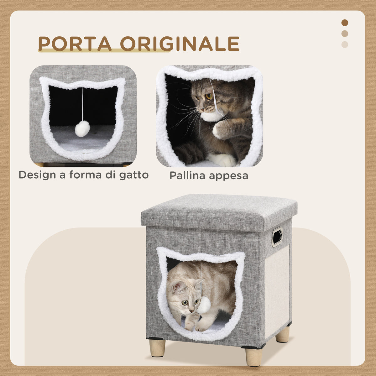 Casetta per Gatti con Tiragraffi, Cuscino e Pallina, in Legno e Poliestere, 35.5x35.5x42.5 cm, Crema e Grigio