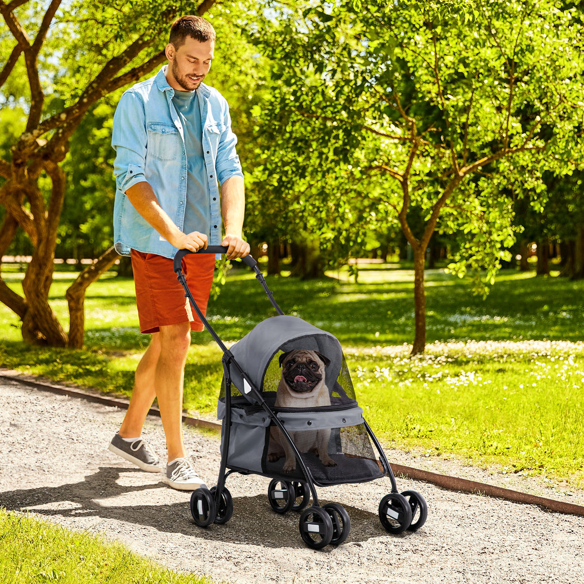 Passeggino per Cani Pieghevole con Tettuccio Regolabile, Borsa e 2 Guinzagli, 82x47x97 cm, Grigio e Nero