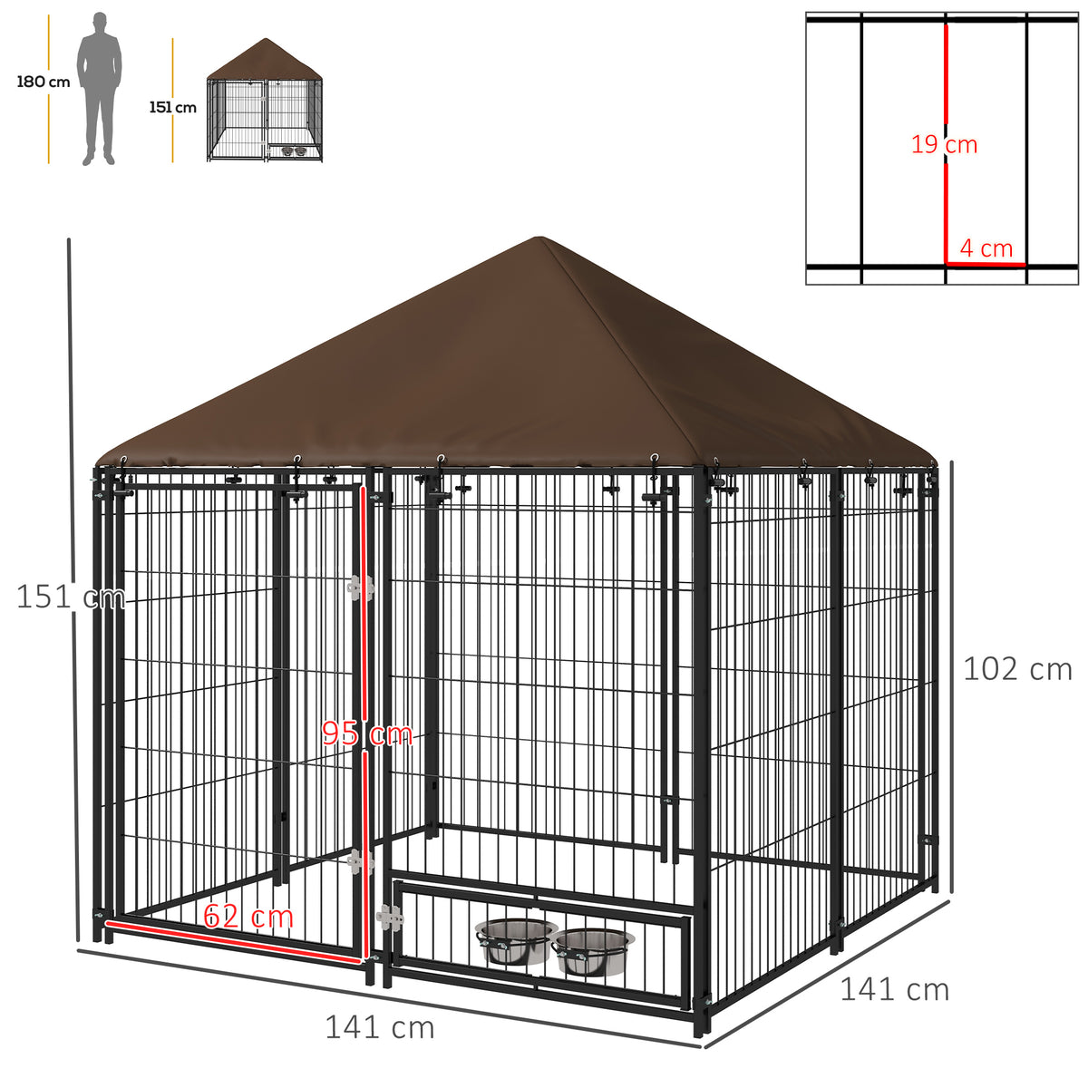 Recinto per Cani in Metallo e Tessuto Oxford con Porticina per Ciotole, 141x141x151 cm, Nero e Marrone