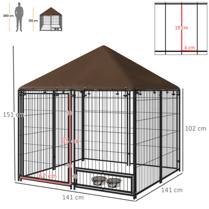 Recinto per Cani in Metallo e Tessuto Oxford con Porticina per Ciotole, 141x141x151 cm, Nero e Marrone