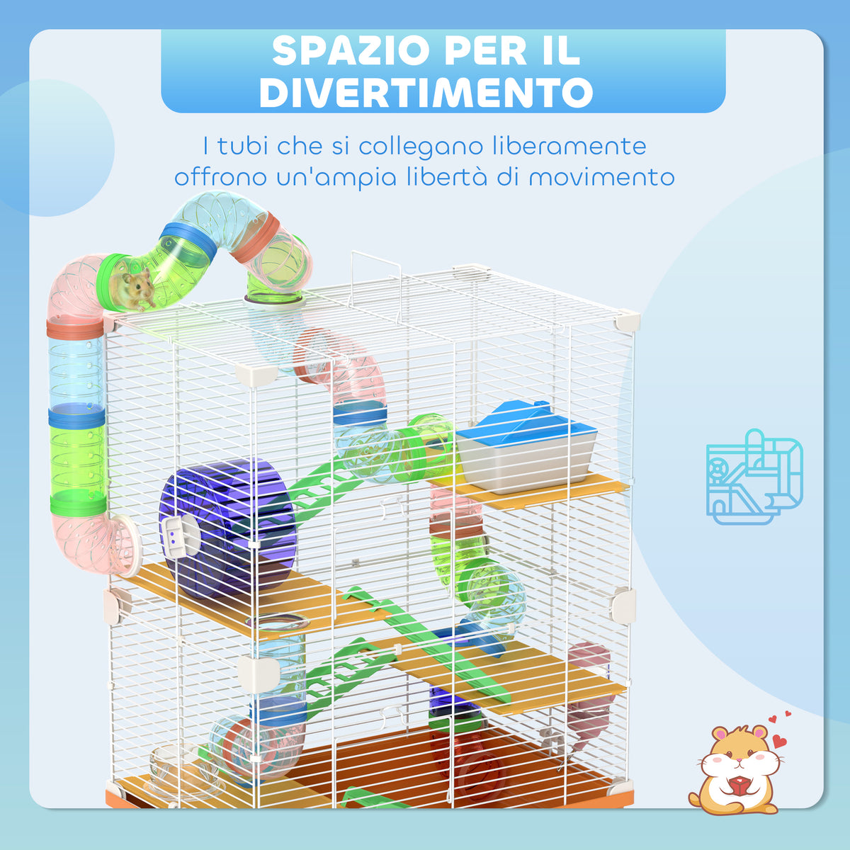 Gabbia per Criceti a 5 Livelli con Tubi, Ruota, Scale, Casetta e Bottiglia, 46x30x58 cm, Arancione