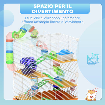 Gabbia per Criceti a 5 Livelli con Tubi, Ruota, Scale, Casetta e Bottiglia, 46x30x58 cm, Arancione
