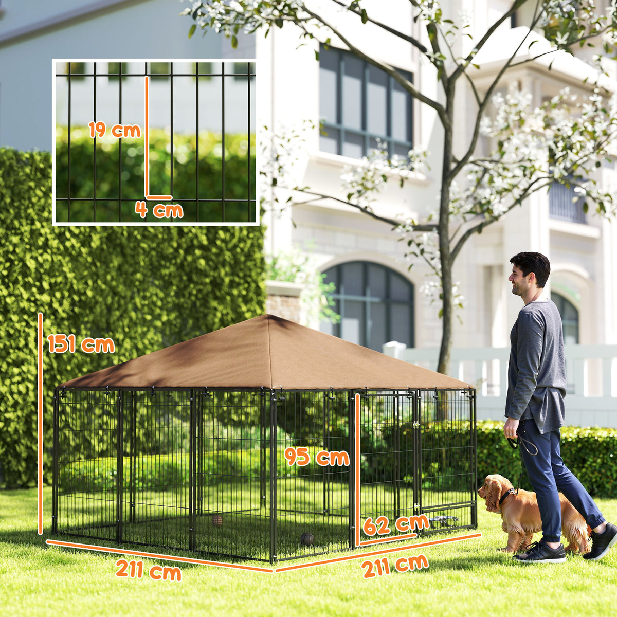 Recinto per Cani in Metallo e Tessuto Oxford con Porticina per Ciotole, 211x211x151 cm, Nero e Marrone