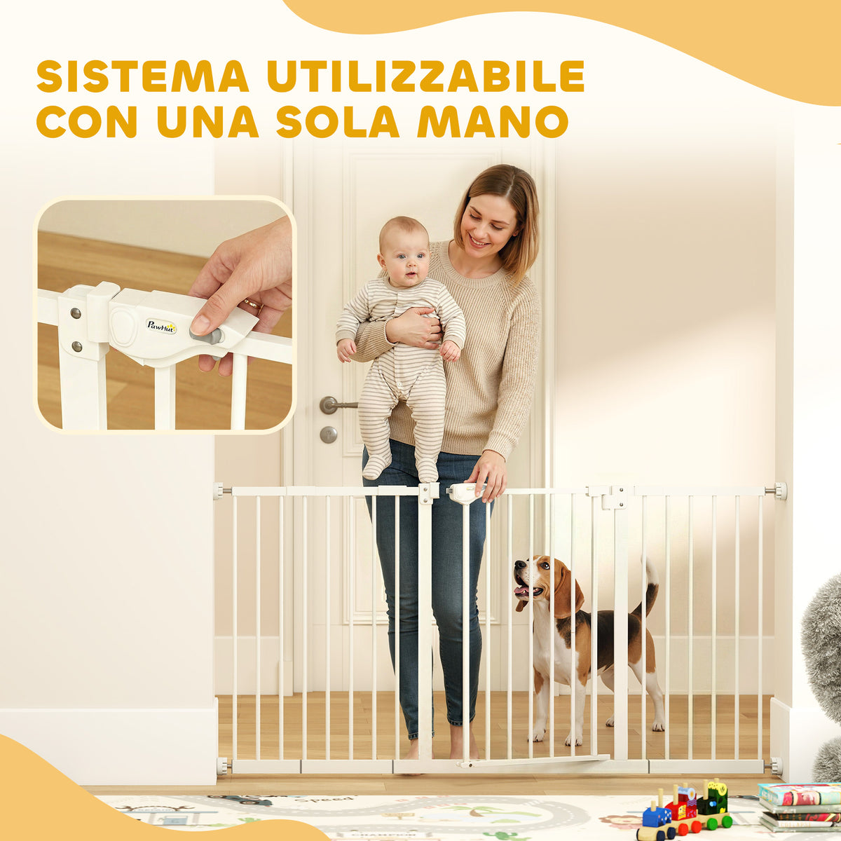 Cancellino per Cani a 3 Estensioni con Larghezza Regolabile 74-148 cm e Chiusura Automatica, Bianco