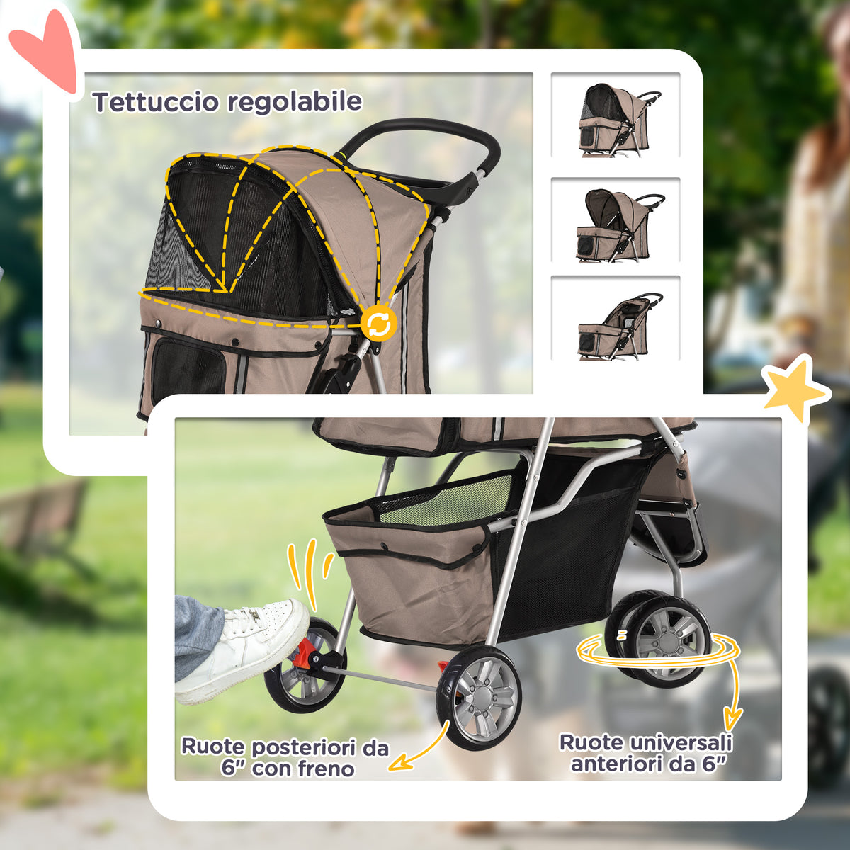 Passeggino per Cani Piccoli Pieghevole, Carrozzina per Cani con Ruote con Freni, Portabicchieri, Cestino Portaoggetti e Imbottitura Rimovibile e Lavabile, per Animali Domestici 10 kg, Caffè