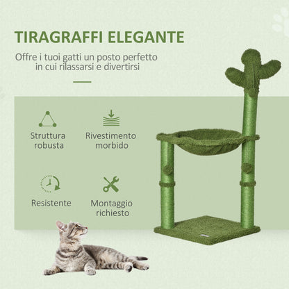 Albero Tiragraffi per Gatti fino 4.5kg a Forma di Cactus con Palline e Amaca, 40x40x96cm - Verde