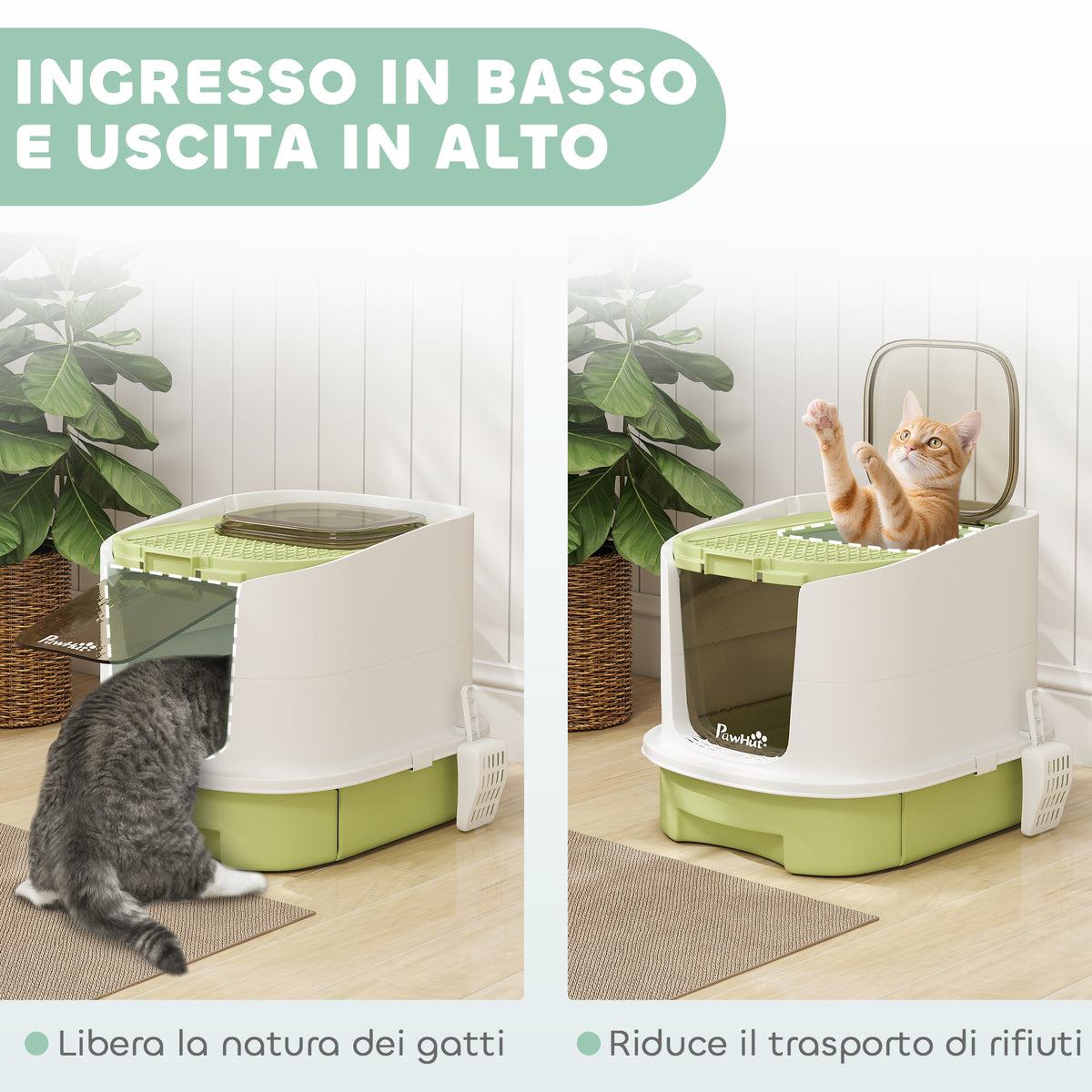 Lettiera per Gatti Chiusa con 2 Porte, Vassoio Estraibile, Paletta e Deodorante, in PP, 40.5x52.5x42.5 cm, Verde