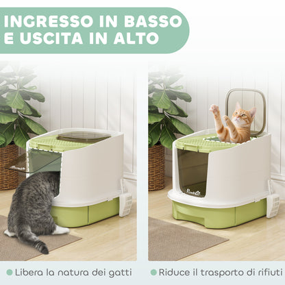 Lettiera per Gatti Chiusa con 2 Porte, Vassoio Estraibile, Paletta e Deodorante, in PP, 40.5x52.5x42.5 cm, Verde