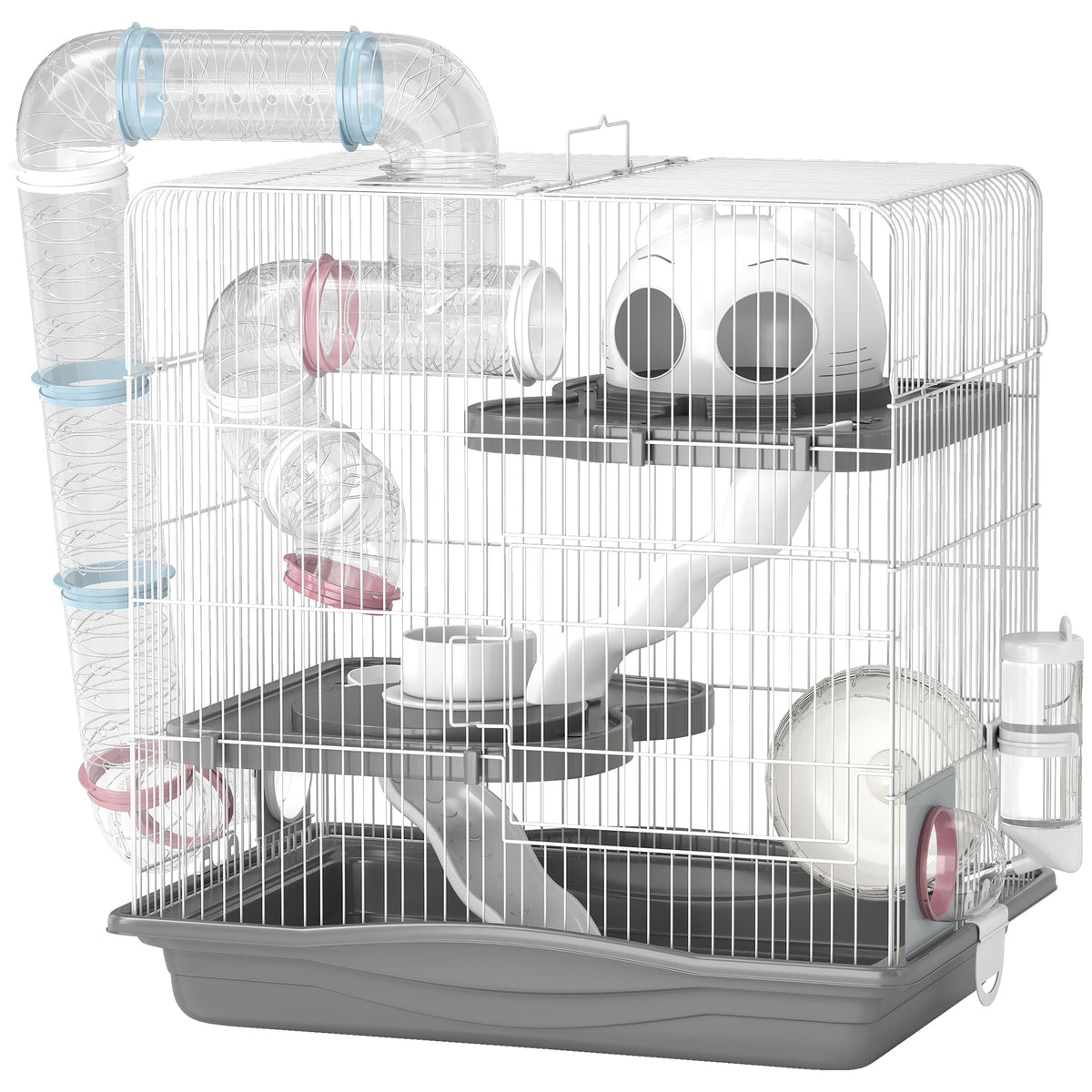 Gabbia per Criceti a 3 Livelli e 14 Tubi con Casetta, Rampa, e Accessori, in Metallo e Plastica, 45x30x45 cm, Grigio