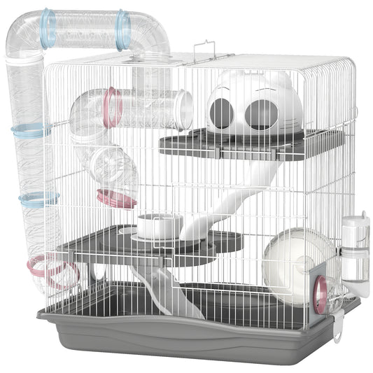 Gabbia per Criceti a 3 Livelli e 14 Tubi con Casetta, Rampa, e Accessori, in Metallo e Plastica, 45x30x45 cm, Grigio