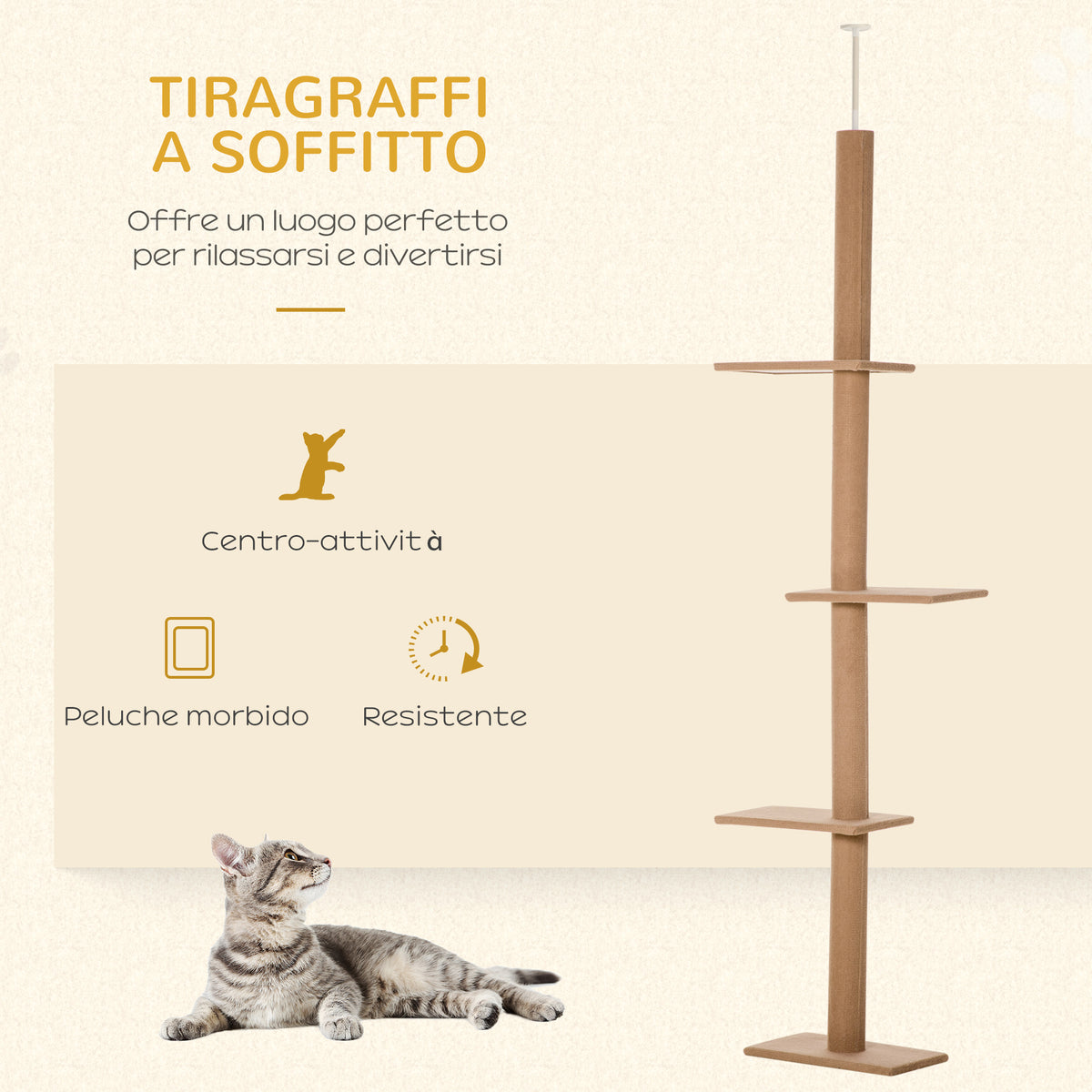 Albero Tiragraffi per Gatti a 4 Livelli, Fissaggio a Soffitto Regolabile, 43x27x228-260cm