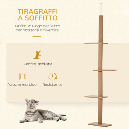 Albero Tiragraffi per Gatti a 4 Livelli, Fissaggio a Soffitto Regolabile, 43x27x228-260cm