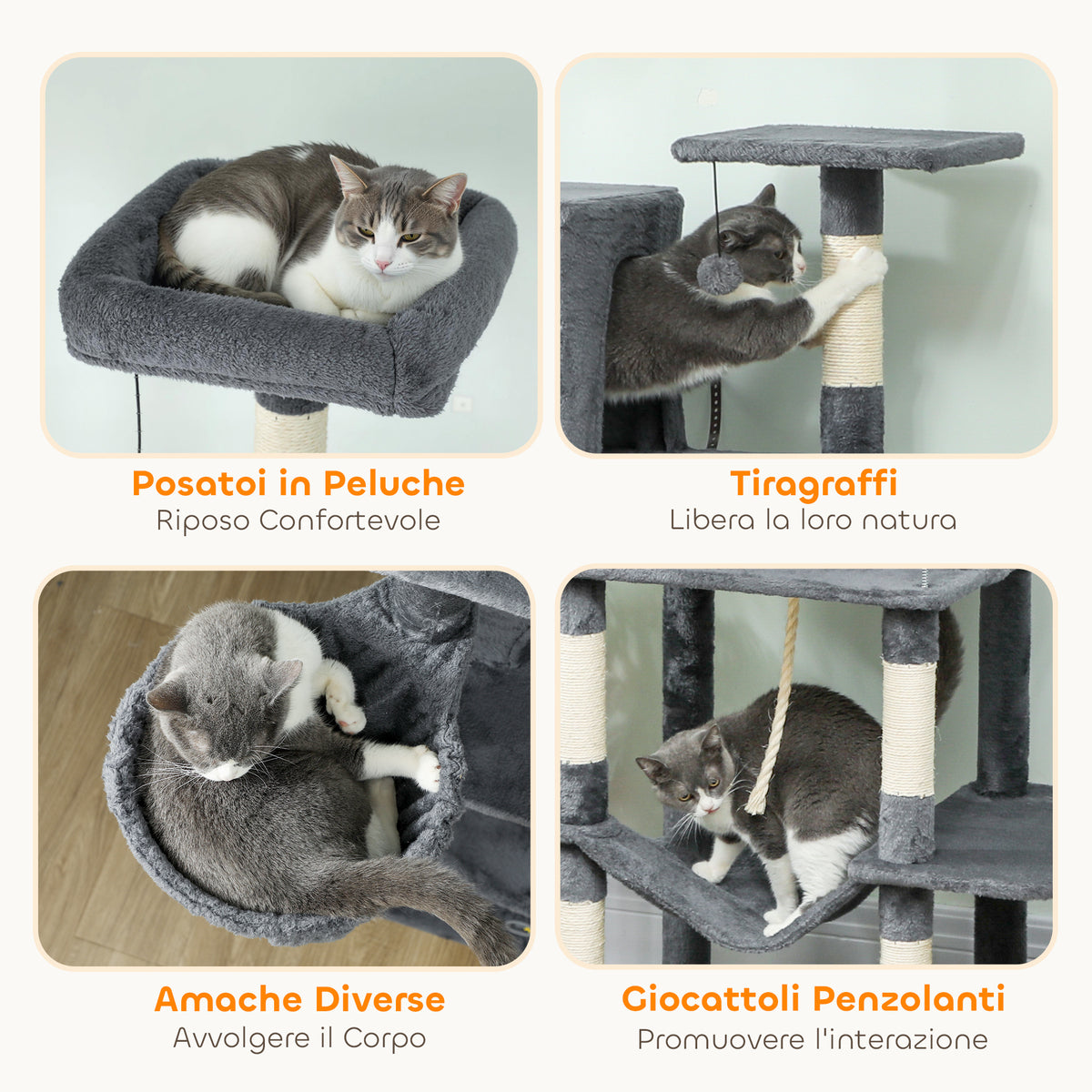 Albero Tiragraffi per Gatti Alto 202 cm con 6 Pali in Sisal, 2 Casette, 2 Amache e Lettino, Grigio