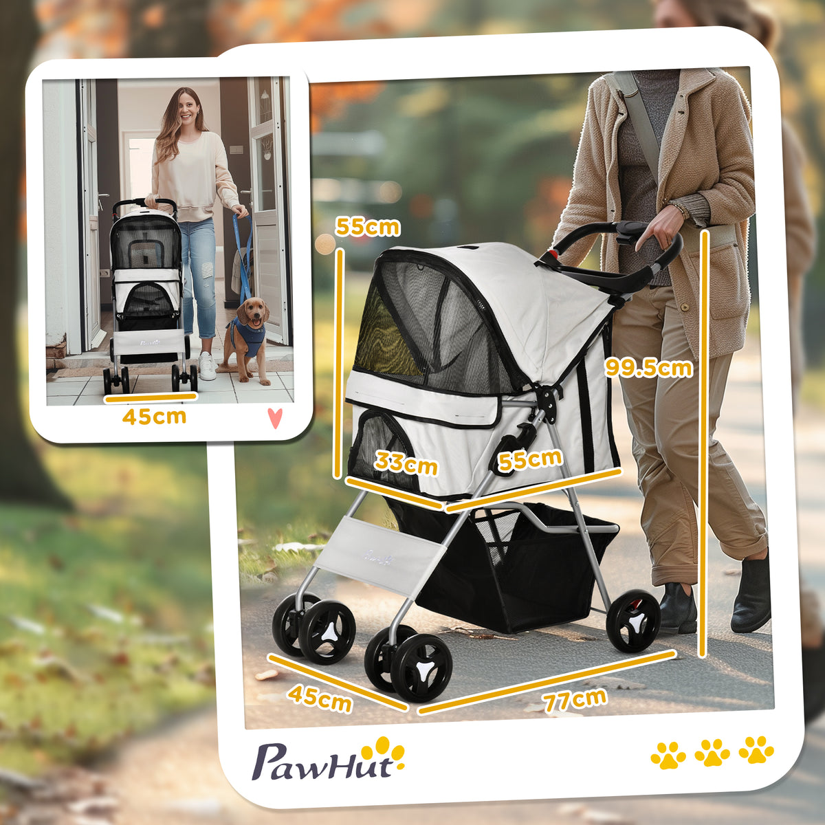 Passeggino per Cani Pieghevole con 3 Reti e Cerniera, in Ferro e Tessuto Oxford, 77x45x99.5 cm, Grigio