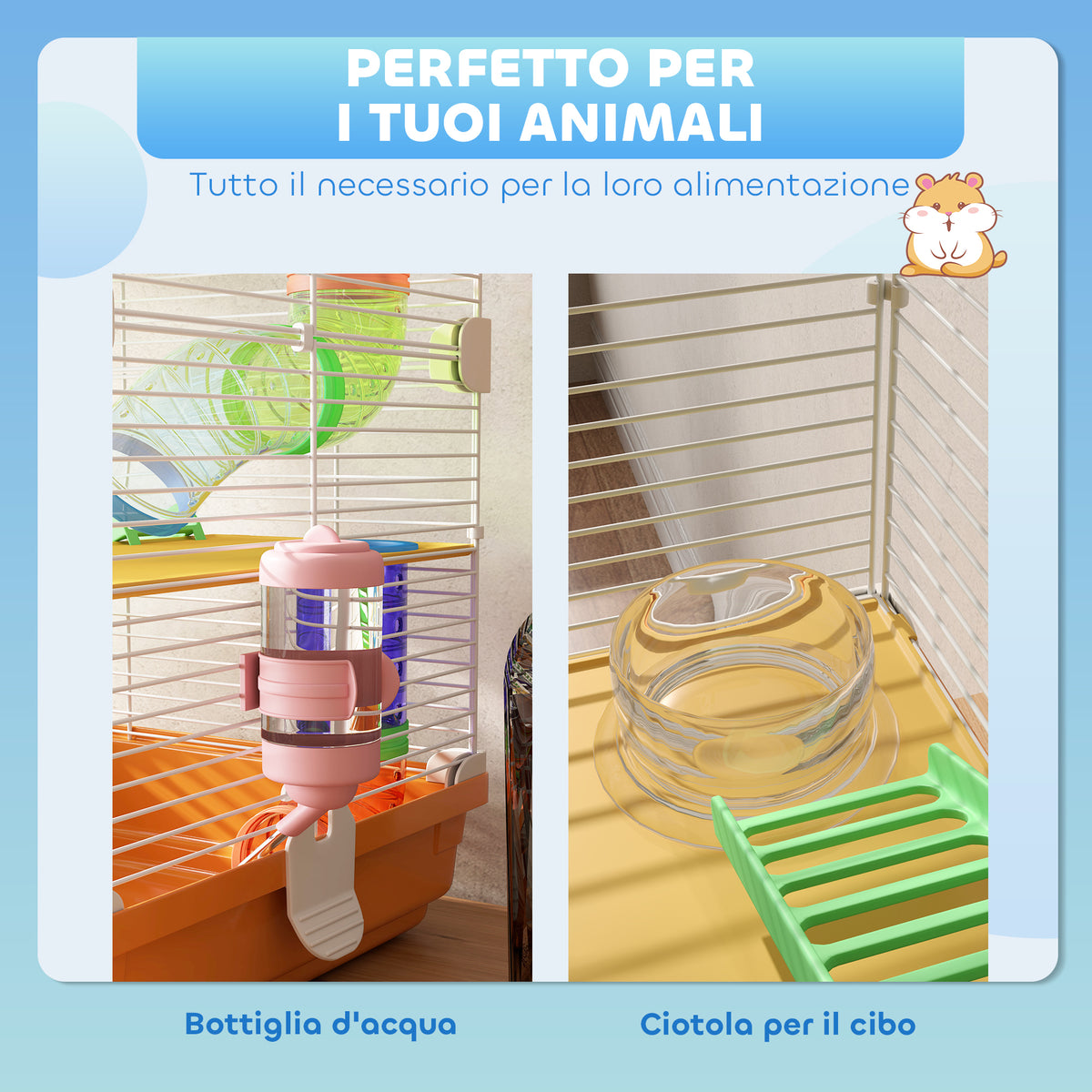 Gabbia per Criceti a 5 Livelli con Tubi, Ruota, Scale, Casetta e Bottiglia, 46x30x58 cm, Arancione