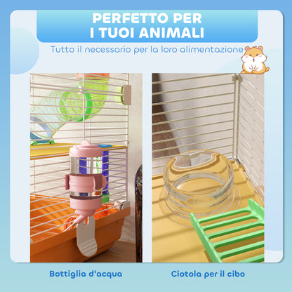 Gabbia per Criceti a 5 Livelli con Tubi, Ruota, Scale, Casetta e Bottiglia, 46x30x58 cm, Arancione