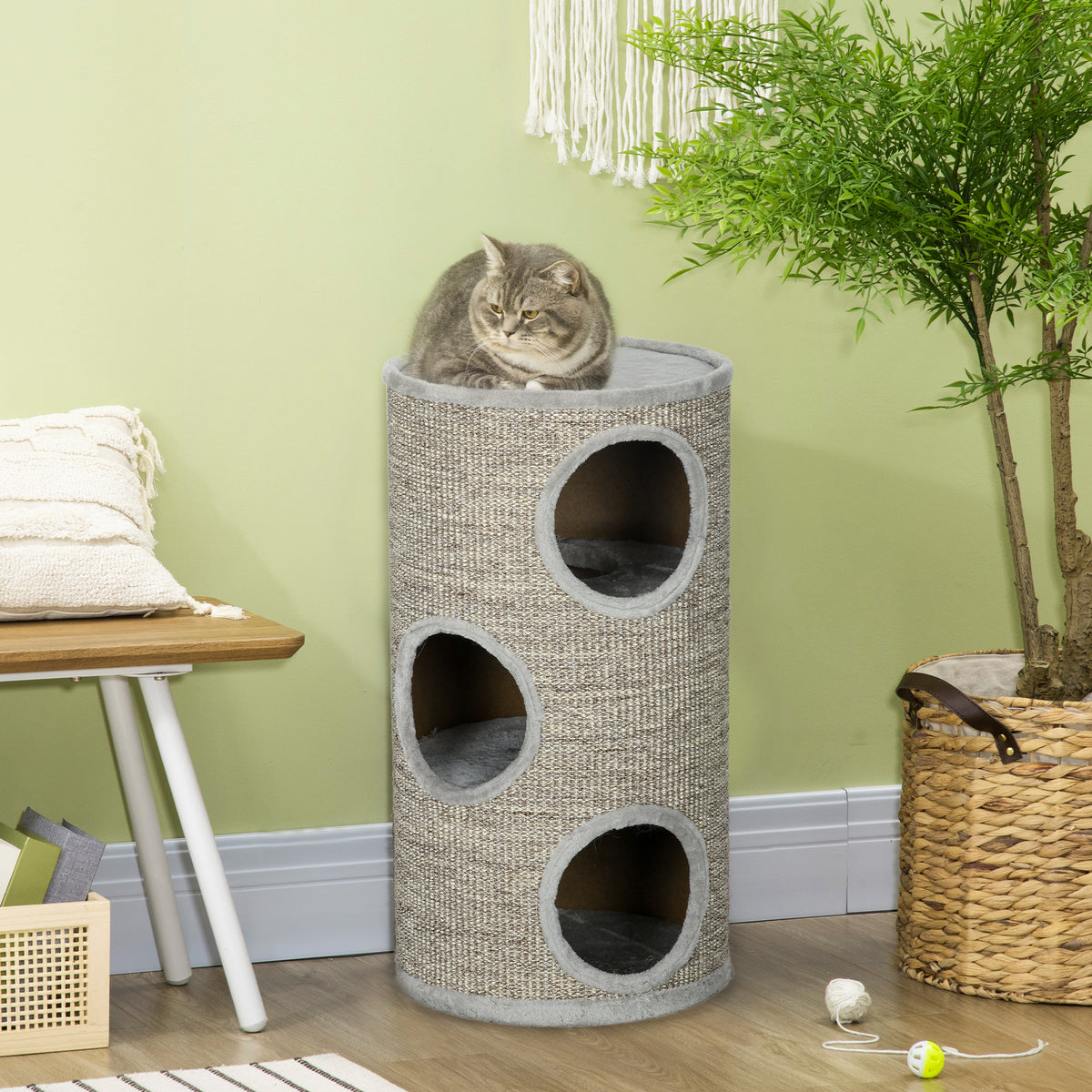 Cuccia per Gatti a 3 Livelli con Tiragraffi in Sisal e Peluche, 38x70cm, Grigio Chiaro