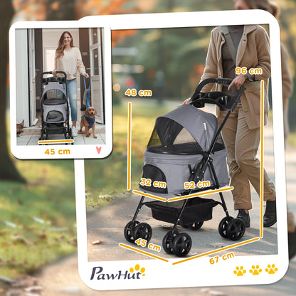 Passeggino per Cani Pieghevole con Guinzaglio di Sicurezza e Cestino Portaoggetti, Grigio