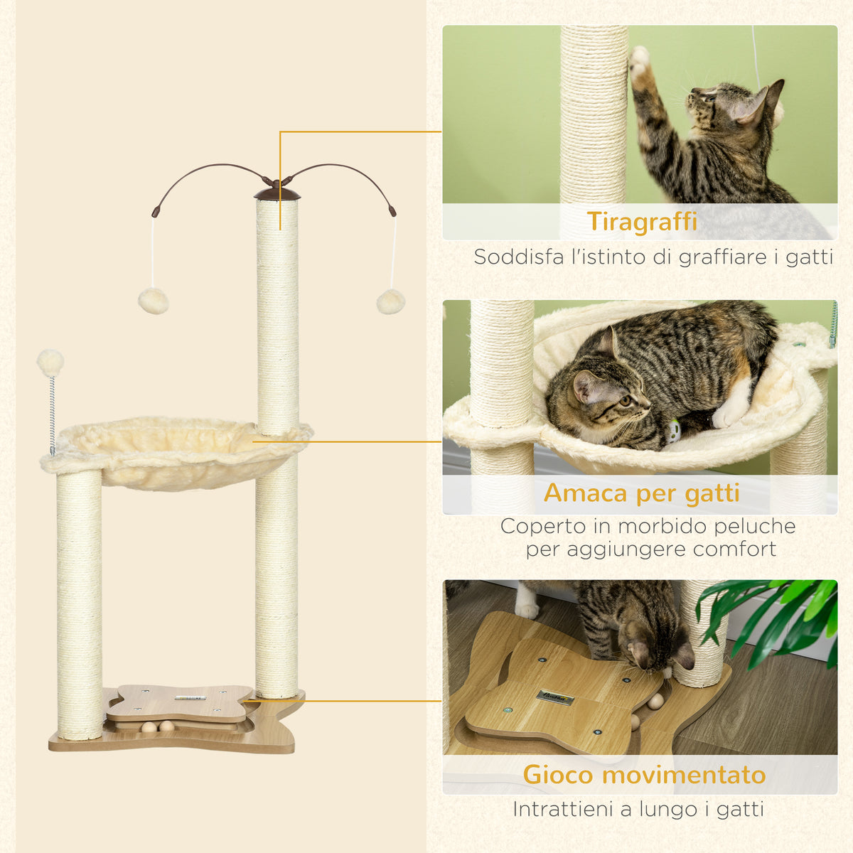 Albero Tiragraffi per Gatti max 5kg con Amaca, Palline da Gioco e Pali in Sisal, 53.5x53.5x90 cm, Beige
